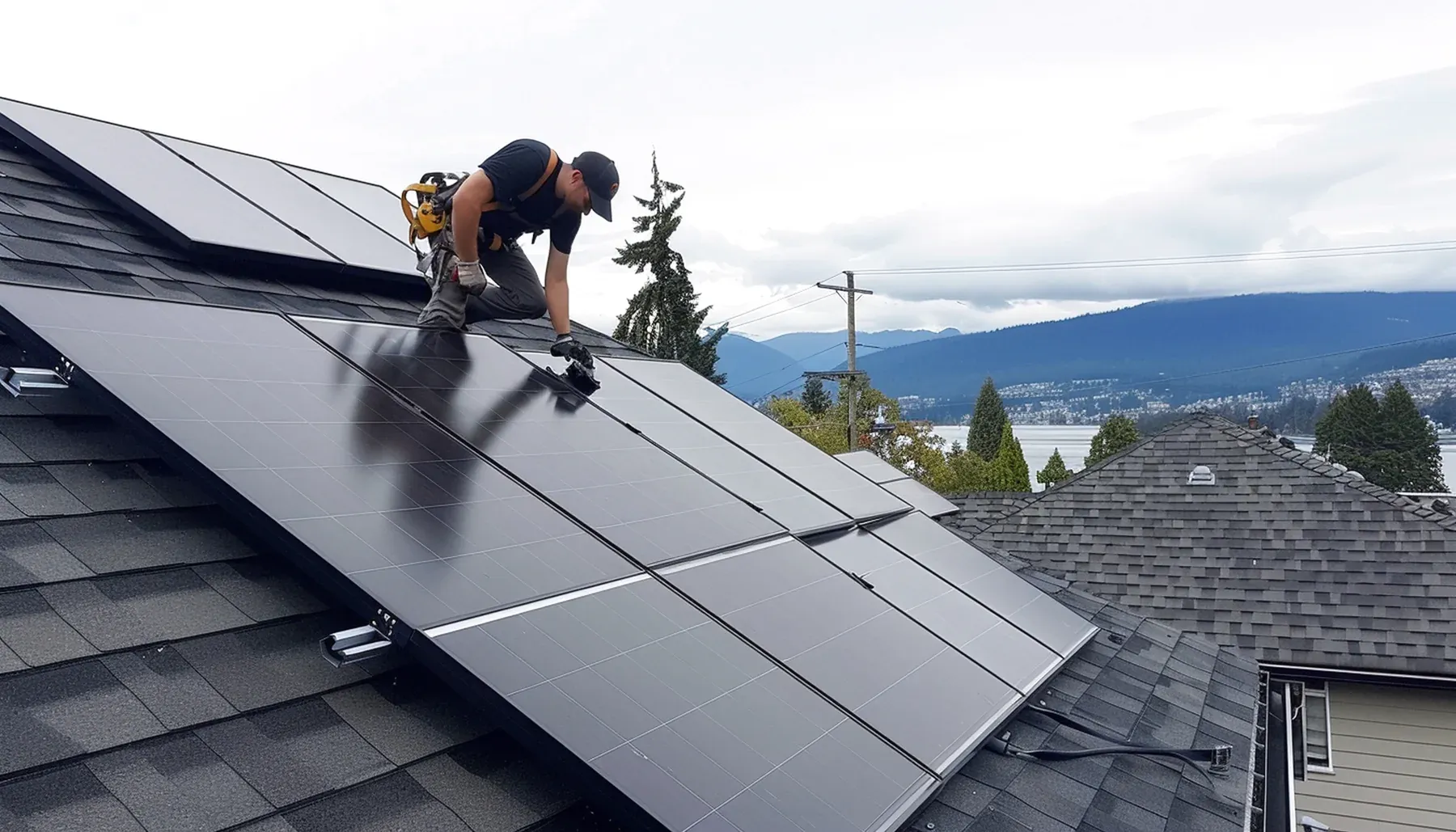 Technician kneeling on an asphalt shingle roof while handling rows of black solar panels
